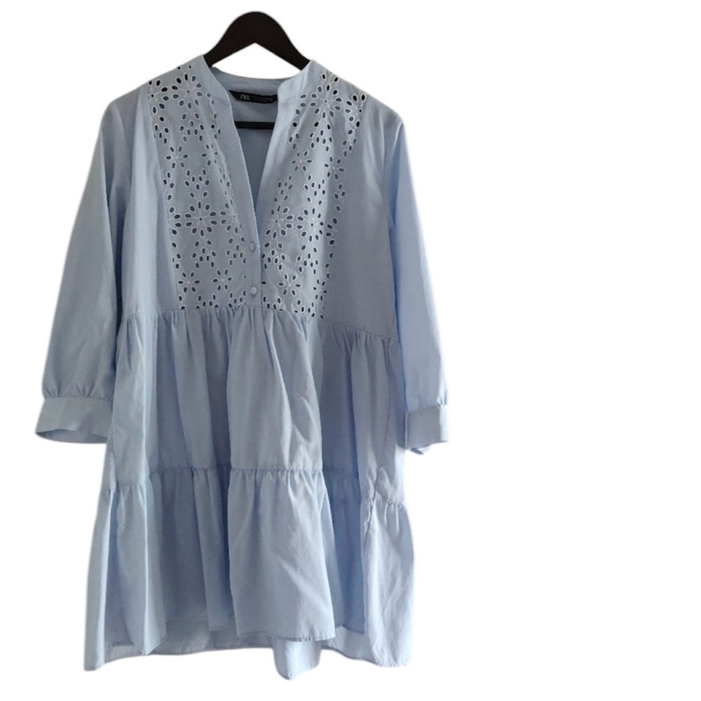ZARA Baby Blue Cutout Embroidered Mini Swing Dress Small NWT - Picture 2 of 4